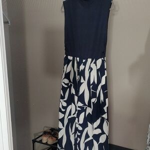 SHEIN Navy Sleeveless Jumpsuit with White Leaf Print Skirt